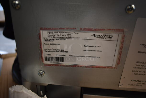 BRAND NEW IN BOX! Avantco 177CAG24MG Stainless Steel Commercial Countertop Gas Powered Flat Top Griddle. 60,000 BTU. Stock Picture Used as Gallery. Tested and Working! - Image 11 of 11