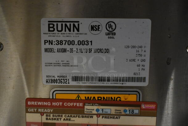 2013 Bunn AXIOM-35-2 Stainless Steel Commercial Countertop 2 Burner Coffee Machine w/ Metal Brew Basket. 120/208-240 Volts, 1 Phase. - Image 6 of 7