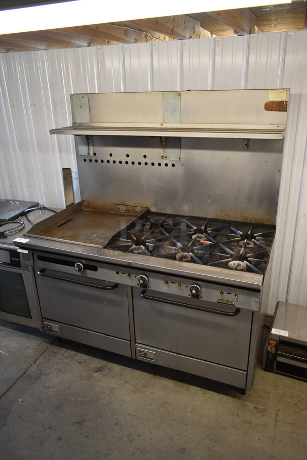 Southbend X460AA-2TL Stainless Steel Commercial Natural Gas Powered 6 Burner Range w/ Flat Top Griddle, 2 Convection Ovens, Over Shelf and Back Splash. - Image 1 of 12