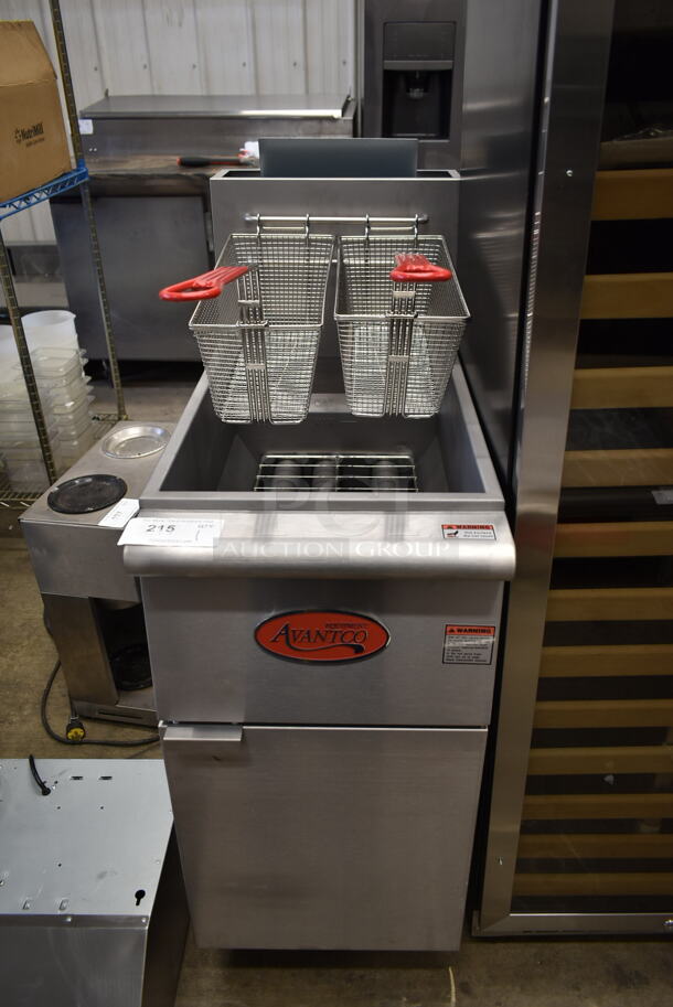 BRAND NEW SCRATCH AND DENT! 2022 Avantco FF300-N Stainless Steel Commercial Floor Style Natural Gas Powered Deep Fat Fryer w/ 2 Metal Fry Baskets. 90,000 BTU. - Image 1 of 7