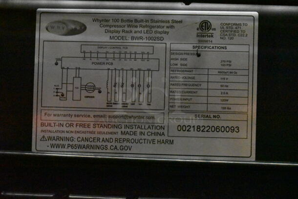 BRAND NEW SCRATCH AND DENT! Whynter BWR-1002SD 100 Bottle Built-in Stainless Steel Compressor Wine Refrigerator Merchandiser with Display Rack and LED display. 115 Volts, 1 Phase. Tested and Working! - Image 6 of 6