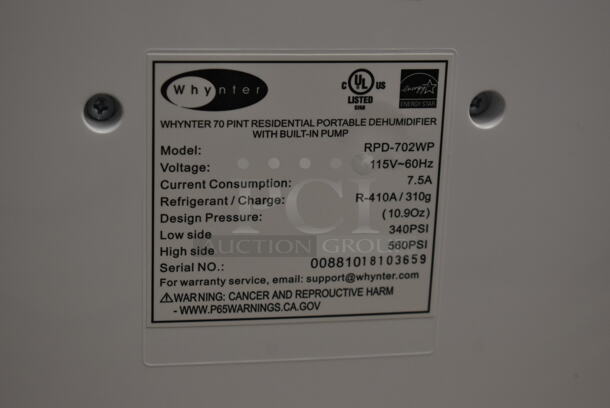 BRAND NEW SCRATCH AND DENT! Whynter RPD-702WP Metal Portable 70 Pint Dehumidifier. 115 Volts, 1 Phase. Tested And Working! - Image 6 of 6