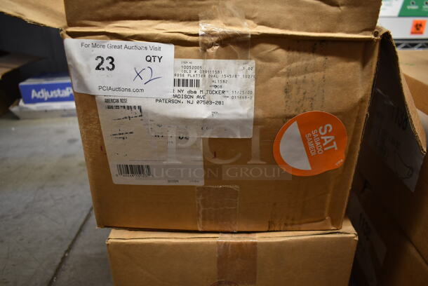 2 Boxes of 12 BRAND NEW! White Ceramic Oval Plates w/ Red Pattern on Rim. 2 Times Your Bid! - Image 4 of 5