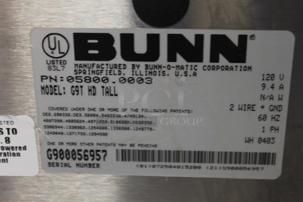 Bunn G9T HD TALL Stainless Steel Commercial Coffee Bean Grinder. 120 Volts, 1 Phase. Tested and Working! - Image 6 of 6
