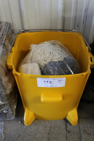 BRAND NEW! Yellow Poly Mop Bucket w/ Mop Heads and Casters.