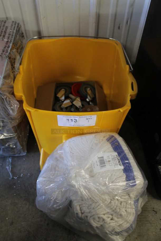 BRAND NEW! Yellow Poly Mop Bucket w/ Mop Heads and Casters. - Image 2 of 2
