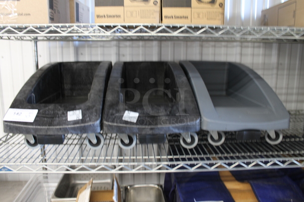 3 Rubbermaid Poly Slim Jim Trash Can Dolly on Commercial Casters; 2 Black and 1 Gray. 3 Times Your Bid! - Image 1 of 4