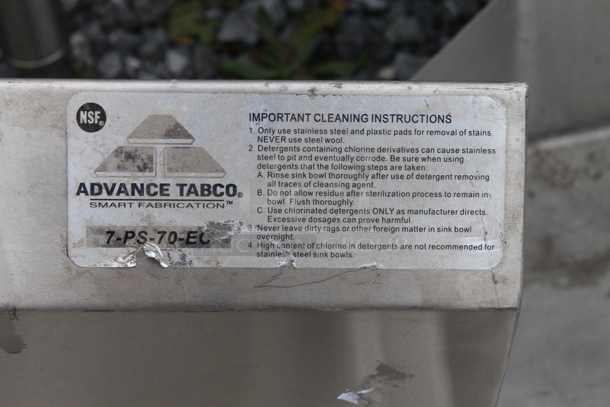 Advance Tabco Stainless Steel Commercial Wall Mount Single Bay Sink.  - Image 2 of 3