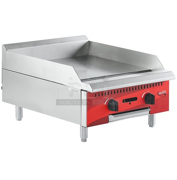 BRAND NEW IN BOX! Avantco 177CAG24MG Stainless Steel Commercial Countertop Gas Powered Flat Top Griddle. 60,000 BTU. Stock Picture Used as Gallery. Tested and Working! - Image 1 of 11