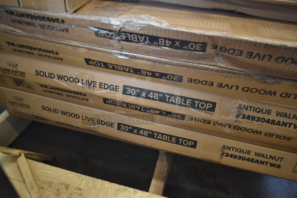 6 BRAND NEW IN BOX! Lancaster Table & Seating 3493048ANTWA Antique Walnut Solid Wood Live Edge 48"x30" Tabletops w/ 6 164TS1000 Cast Iron Table Base, 6 164TB3030 Base Plates and 6 25"x3" Table Base Column and Rod. Stock Picture Used as Gallery. 6 Times Your Bid! - Image 7 of 8