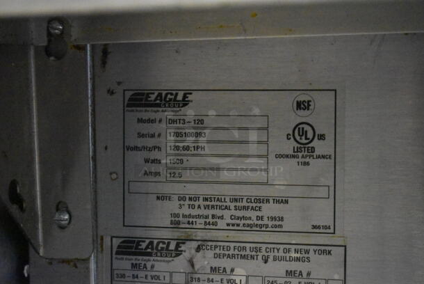 Eagle DHT3-120 Stainless Steel Commercial Electric Powered 3 Bay Steam Table and 4 Legs on Commercial Casters. 120 Volts, 1 Phase. Tested and Working! - Image 5 of 5