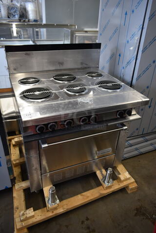 BRAND NEW SCRATCH AND DENT! 2023 Garland S6SS Stainless Steel Commercial Electric Powered 6 Burner Range w/ Oven. 240 Volts, 3/1 Phase.