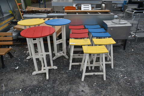 ALL ONE MONEY! Lot of Bar Height White Wood Pattern Items; Red Top Table, Yellow Top Table, Blue Top Table, 3 Yellow Top Stools, 3 Blue Top Stools and 3 Red Top Stools. 