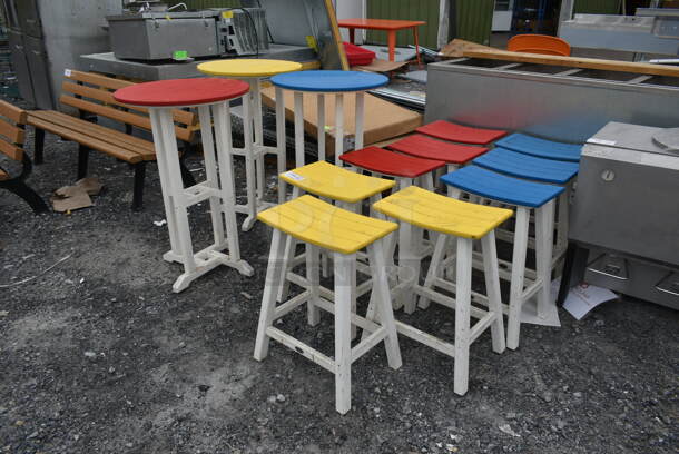 ALL ONE MONEY! Lot of Bar Height White Wood Pattern Items; Red Top Table, Yellow Top Table, Blue Top Table, 3 Yellow Top Stools, 3 Blue Top Stools and 3 Red Top Stools.  - Image 4 of 8
