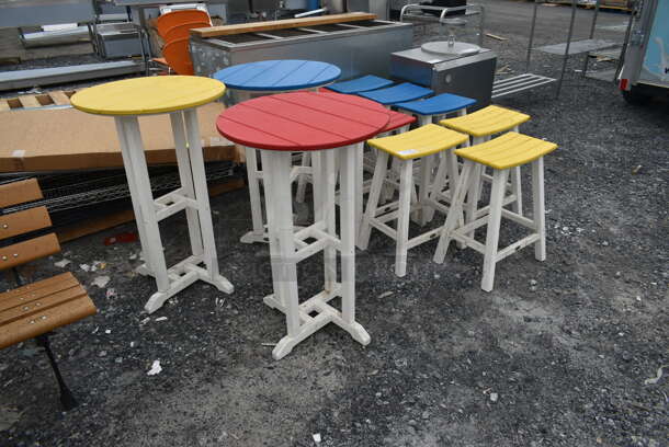 ALL ONE MONEY! Lot of Bar Height White Wood Pattern Items; Red Top Table, Yellow Top Table, Blue Top Table, 3 Yellow Top Stools, 3 Blue Top Stools and 3 Red Top Stools.  - Image 5 of 8