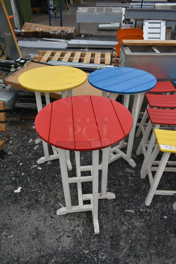 ALL ONE MONEY! Lot of Bar Height White Wood Pattern Items; Red Top Table, Yellow Top Table, Blue Top Table, 3 Yellow Top Stools, 3 Blue Top Stools and 3 Red Top Stools.  - Image 6 of 8