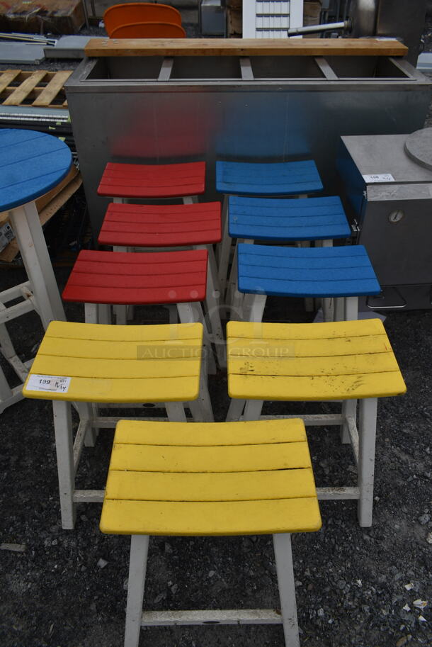 ALL ONE MONEY! Lot of Bar Height White Wood Pattern Items; Red Top Table, Yellow Top Table, Blue Top Table, 3 Yellow Top Stools, 3 Blue Top Stools and 3 Red Top Stools.  - Image 7 of 8