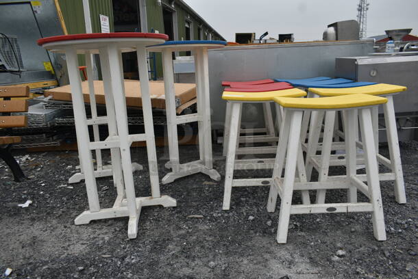 ALL ONE MONEY! Lot of Bar Height White Wood Pattern Items; Red Top Table, Yellow Top Table, Blue Top Table, 3 Yellow Top Stools, 3 Blue Top Stools and 3 Red Top Stools.  - Image 8 of 8