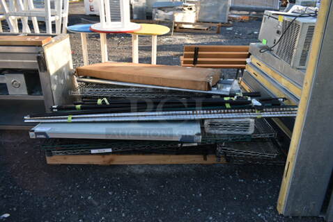 PALLET LOT! ALL ONE MONEY! Lot of Various Items Including Wire Shelves, Poles, Stainless Steel Tabletop.