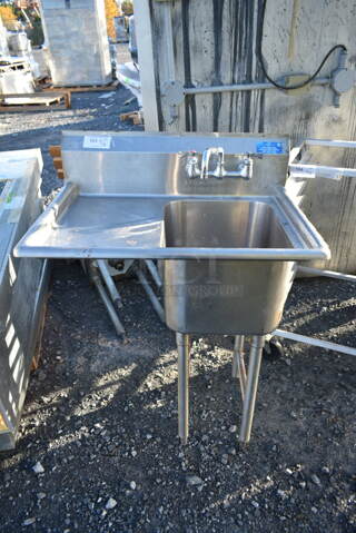 Stainless Steel Commercial Single Bay Sink w/ Left Side Drain Board, Faucet and Handles. Bay 16x20. Drain Board 14x22