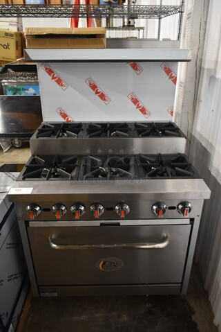 BRAND NEW SCRATCH AND DENT! Cooking Performance Group CPG 351S36SUL Stainless Steel Commercial Propane Gas Powered 2 Tier 6 Burner Range w/ Oven, Back Splash and Over Shelf. 210,000 BTU. Tested and Working!
