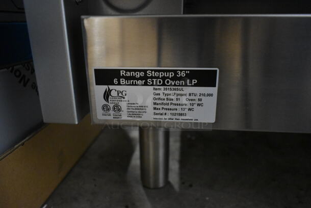 BRAND NEW SCRATCH AND DENT! Cooking Performance Group CPG 351S36SUL Stainless Steel Commercial Propane Gas Powered 2 Tier 6 Burner Range w/ Oven, Back Splash and Over Shelf. 210,000 BTU. Tested and Working! - Image 6 of 7