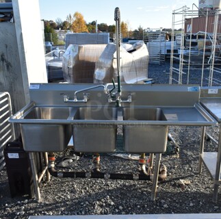 Stainless Steel Commercial 3 Bay Sink w/ Right Side Drain Board, Faucet, Handles and Spray Nozzle Attachment. Bays 16x20. Drain Board 14x22