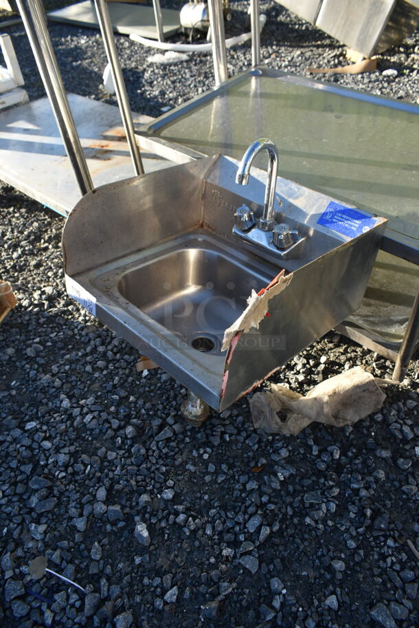 Stainless Steel Commercial Single Bay Wall Mount Sink w/ Side Splash Guards, Faucet and Handles. - Image 2 of 4