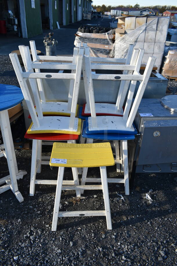 ALL ONE MONEY! Lot of Bar Height White Wood Pattern Items; Red Top Table, Yellow Top Table, Blue Top Table, 3 Yellow Top Stools, 3 Blue Top Stools and 3 Red Top Stools.  - Image 2 of 8
