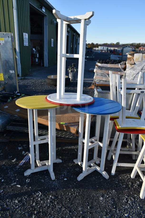 ALL ONE MONEY! Lot of Bar Height White Wood Pattern Items; Red Top Table, Yellow Top Table, Blue Top Table, 3 Yellow Top Stools, 3 Blue Top Stools and 3 Red Top Stools.  - Image 3 of 8