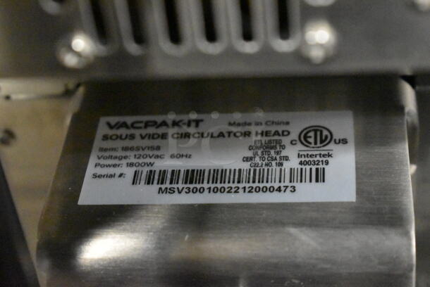 BRAND NEW SCRATCH AND DENT! Vacpak-it 186SV08 Stainless Steel Commercial 10.5 Gallon Sous Vide Immersion Circulator Head. 120 Volts, 1 Phase. Tested and Working! - Image 5 of 6