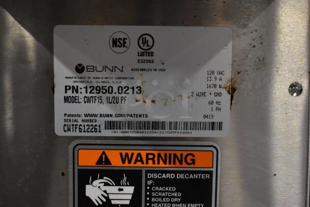 2019 Bunn CWTF15 Stainless Steel Commercial Countertop 3 Burner Coffee Machine w/ Hot Water Dispenser and Metal Brew Basket. 120 Volts, 1 Phase.  - Image 7 of 7