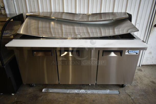 BRAND NEW SCRATCH AND DENT! 2023 Avantco 178APT71MHC Stainless Steel Commercial Sandwich Salad Prep Table Bain Marie Mega Top on Commercial Casters. 115 Volts, 1 Phase. Tested and Working! - Image 1 of 11