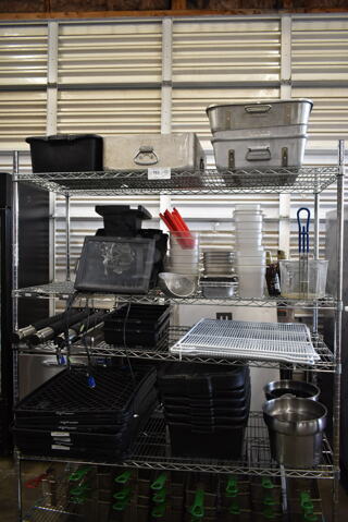 ALL ONE MONEY! Four Tier Lot of Various Items Including Bus Bins, Metal Baking Pans and Drop In Bins