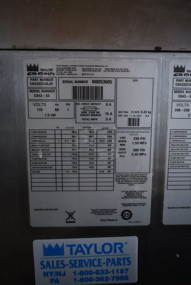 2018 Taylor C043-33 Stainless Steel Commercial Floor Style Water Cooled 3 Flavor Continuous Dispensing Frozen Custard Machine / Batch Freezer on Commercial Casters. Comes w/ 3 Taylor RC35N-33 Compressors. 115/208/230 Volts, 3 Phase. - Image 10 of 12