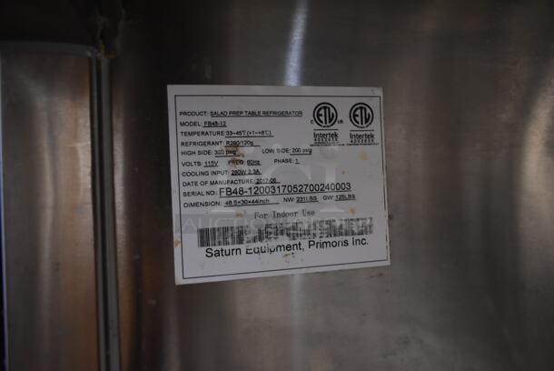 2017 Saturn FB48-12 Stainless Steel Commercial Sandwich Salad Prep Table Bain Marie Mega Top w/ Back Splash on Commercial Casters. 115 Volts, 1 Phase. Tested and Working! - Image 6 of 8