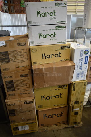 PALLET LOT of 22 Boxes of Various Paper Products Including Plastic Lids and Straws. 22 Times Your Bid!