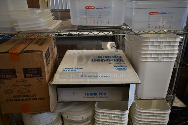 ALL ONE MONEY! Lot of Various Items on Shelving Unit Including Poly Bins and Lids. Does Not Include Shelving Unit. - Image 4 of 5