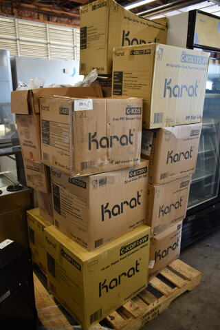 PALLET LOT of 15 Boxes of Various Paper Products Including Plastic Lids and Dessert Cups. 15 Times Your Bid!