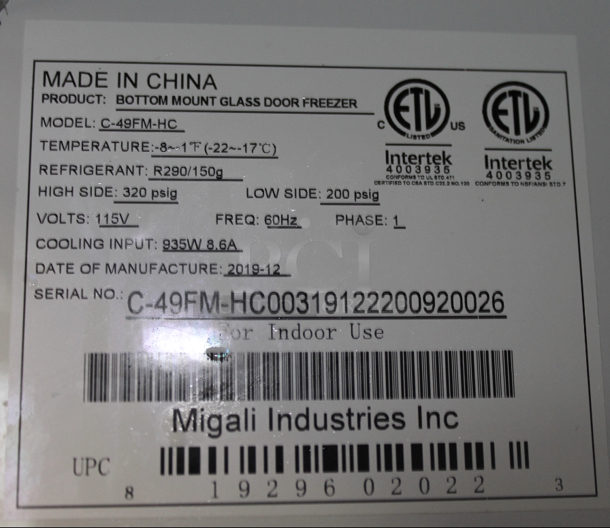 2019 Migali C-49FM-HC Metal Commercial 2 Door Reach In Freezer Merchandiser w/ Poly Coates Racks. 115 Volts, 1 Phase.  Tested and Working! - Image 3 of 5