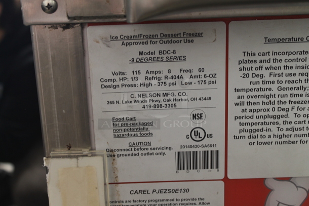 C. Nelson BDC-8 Stainless Steel Commercial Ice Cream Freezer Cart w/ Red and White Umbrella on Casters. 115 Volts, 1 Phase. Tested and Working! - Image 6 of 7