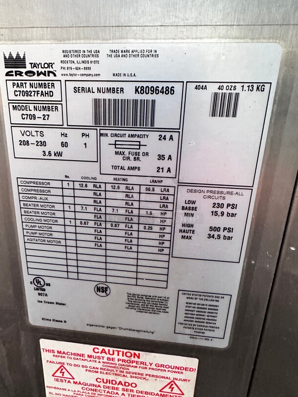 2008 TAYLOR C709-27 Soft Serve Frozen Yogurt ice Cream Machine Maker 220 Volt 1 Phase  - Image 7 of 8