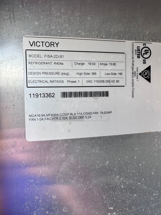 Late Model Victory Refrigeration FiSa-2D-S1 52 inch Two Section Reach In Freezer - (2) Solid Doors, 115/208 volt - Image 8 of 10