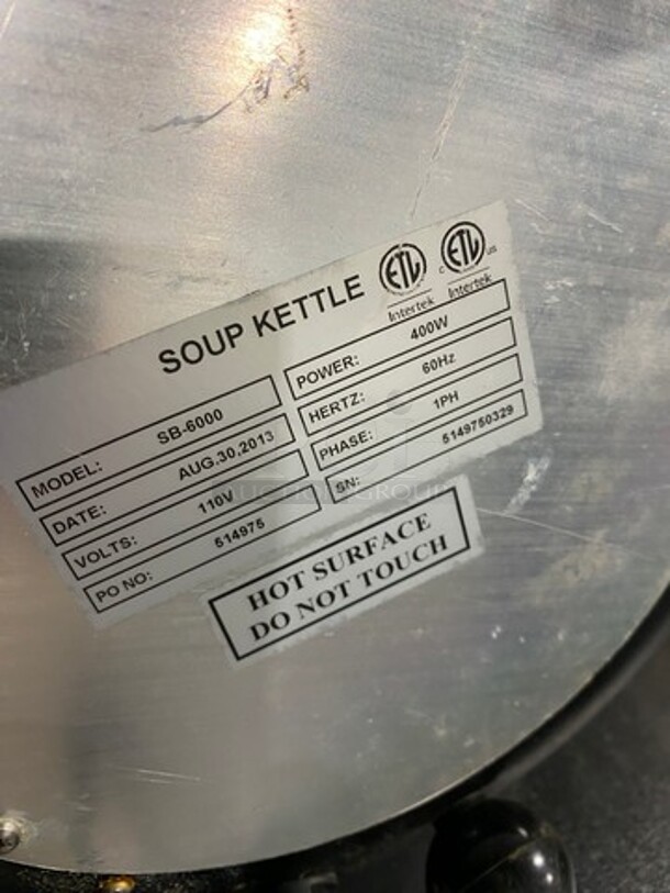 USR Commercial Countertop Food Warmer Soup Kettle! Model: SB6000 SN: 5149750329 110V 60HZ 1 Phase - Image 5 of 6