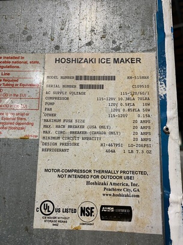 Hoshizaki Commercial Ice Maker Machine! With Commercial Ice Bin! All Stainless Steel! On Legs! WORKING WHEN REMOVED! Model: KM515MAH SN: C10951G 115/120V 60HZ 1 Phase - Image 5 of 7