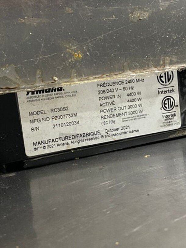 LATE MODEL! 2021 Amana Commercial Countertop Microwave Oven! All Stainless Steel! WORKING WHEN REMOVED! Model: RC30S2 SN: 2110120034 208/240V - Image 5 of 8