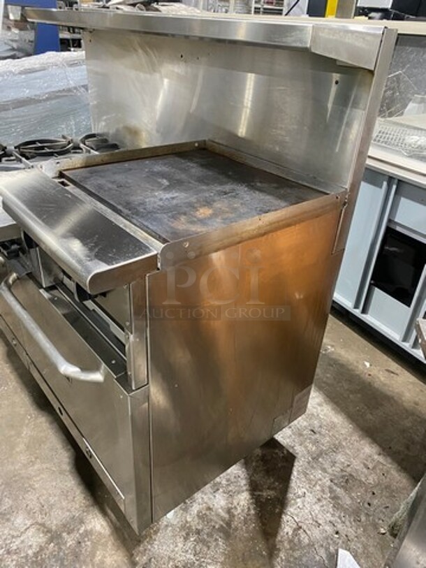 WOW! LIke New! Late Model! 2023 Asber Commercial Natural Gas Powered 6 Burner Stove With Right Side Flat Griddle! Griddle Has Side Splashes! With Raised Back Splash And Salamander Shelf! With 2 Oven Underneath! All Stainless Steel! On Casters! Model: AEMR2RG24B660HNG SN: 8102666523! Working When Removed! - Image 2 of 12