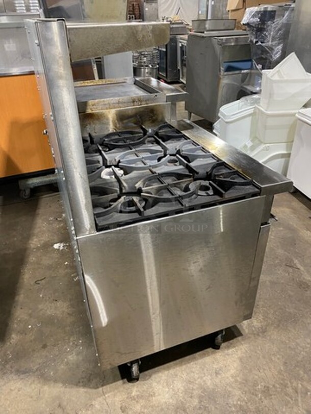WOW! LIke New! Late Model! 2023 Asber Commercial Natural Gas Powered 6 Burner Stove With Right Side Flat Griddle! Griddle Has Side Splashes! With Raised Back Splash And Salamander Shelf! With 2 Oven Underneath! All Stainless Steel! On Casters! Model: AEMR2RG24B660HNG SN: 8102666523! Working When Removed! - Image 4 of 12