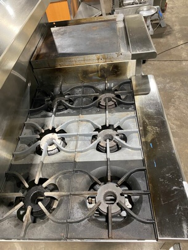 WOW! LIke New! Late Model! 2023 Asber Commercial Natural Gas Powered 6 Burner Stove With Right Side Flat Griddle! Griddle Has Side Splashes! With Raised Back Splash And Salamander Shelf! With 2 Oven Underneath! All Stainless Steel! On Casters! Model: AEMR2RG24B660HNG SN: 8102666523! Working When Removed! - Image 5 of 12