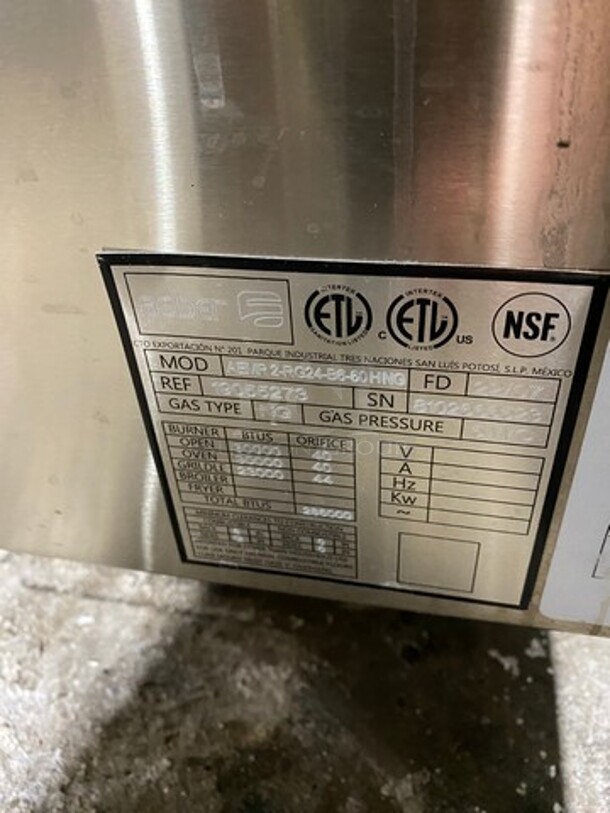 WOW! LIke New! Late Model! 2023 Asber Commercial Natural Gas Powered 6 Burner Stove With Right Side Flat Griddle! Griddle Has Side Splashes! With Raised Back Splash And Salamander Shelf! With 2 Oven Underneath! All Stainless Steel! On Casters! Model: AEMR2RG24B660HNG SN: 8102666523! Working When Removed! - Image 11 of 12